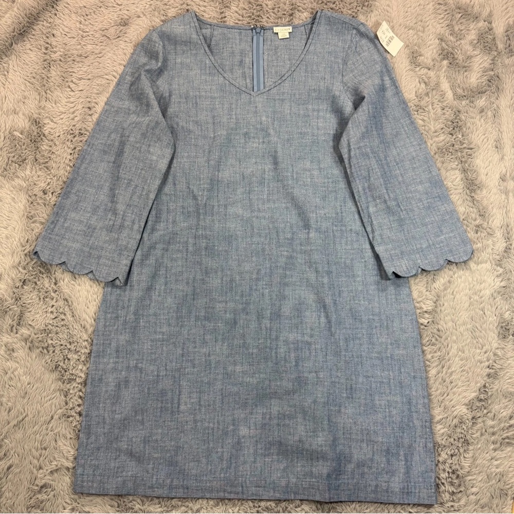 J. Crew Chambray V-Neck Midi Dress with Scalloped Sleeves